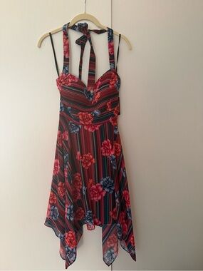 Guess Floral Halter High-Low Dress in Red and Blue